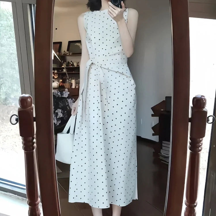 White Sleeveless Vest Dots Dress Summer New Beautiful Waist Cinching Slimming Long Skirt Commute Style Tie Waist Regular Fit