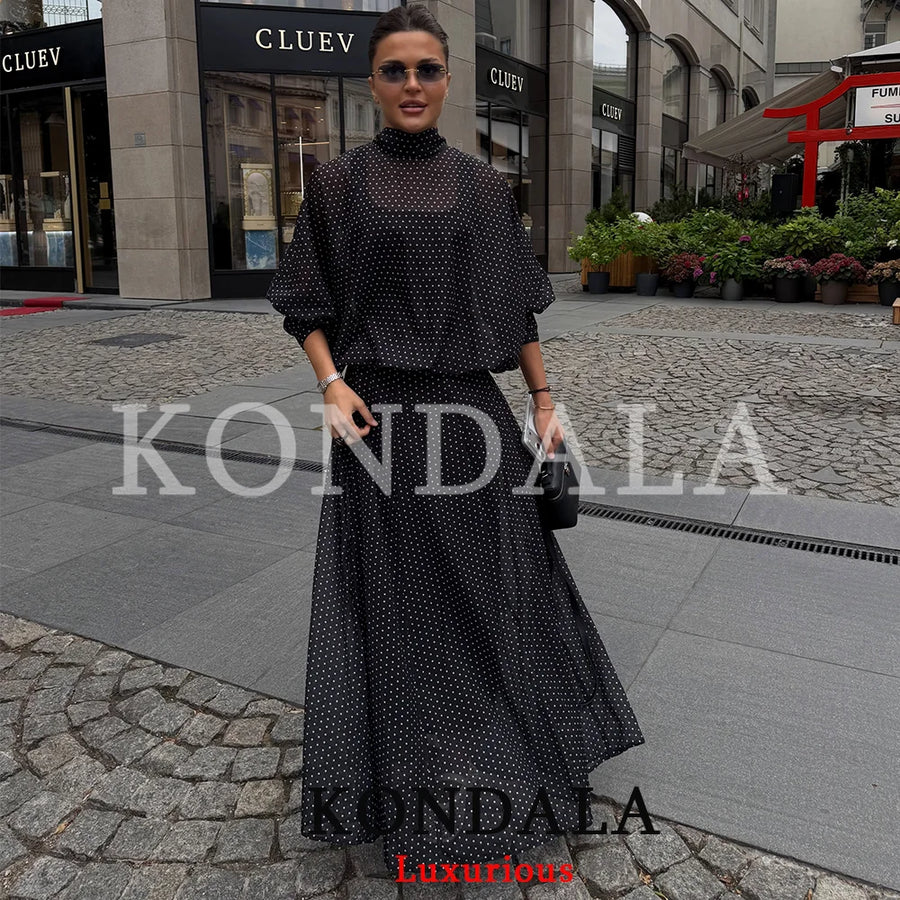 KONDALA Vintage Polka Dot Women Sets Chiffon Bow Tie Loose Blouses Loose Long Skirts Fashion 2026 Spring Summer Holiday Suits