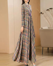 High quality double breasted belt suit collar vintage plaid long dress