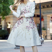 High Quality V Neck Long Sleeve Knee Length Floral Bohemian Dress