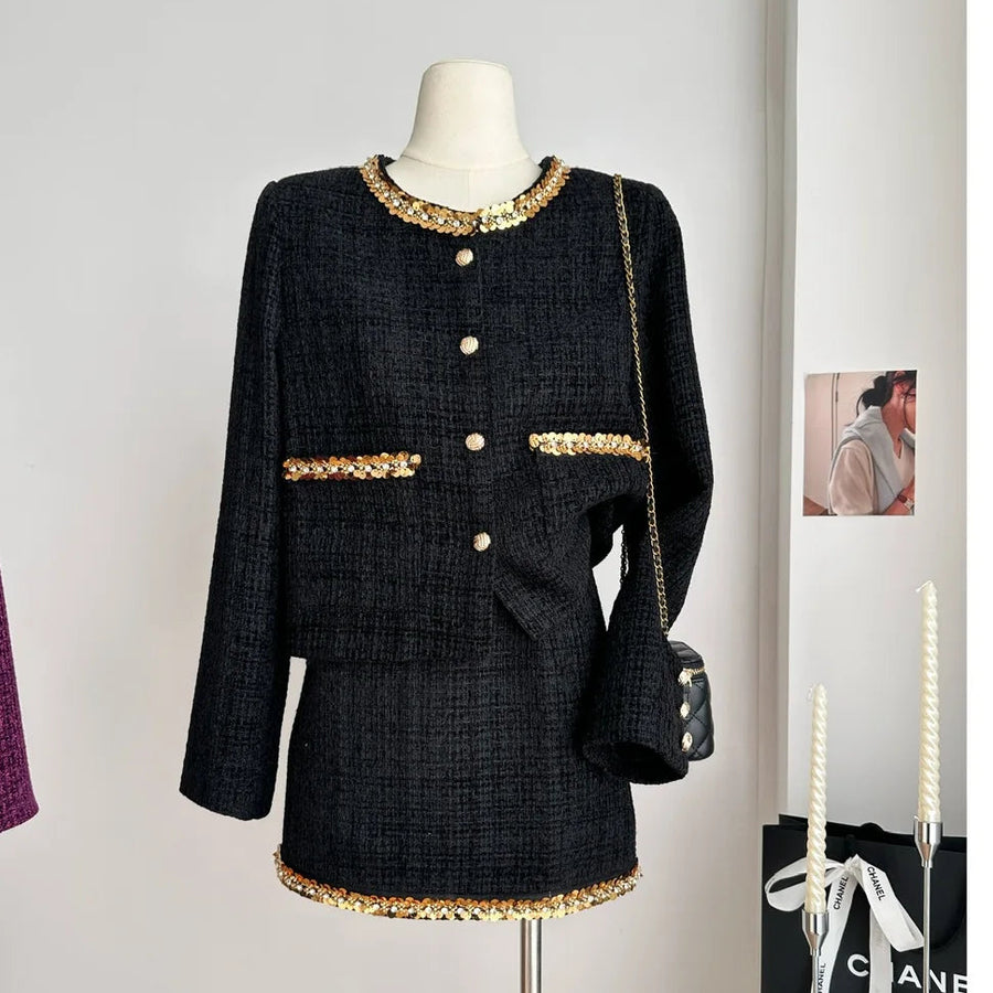 Small fragrance female high-grade single-breasted short coat temperament high-waist skirt two-piece