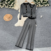 Three-piece sets knitted cardigans + high quality elastic long pants.