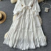 Elegant retro style slit maxi dress with pearl buttons and high-quality crochet embroidery