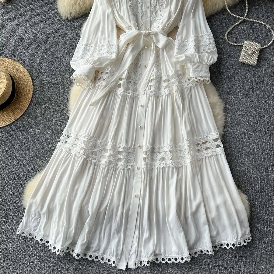 Elegant retro style slit maxi dress with pearl buttons and high-quality crochet embroidery