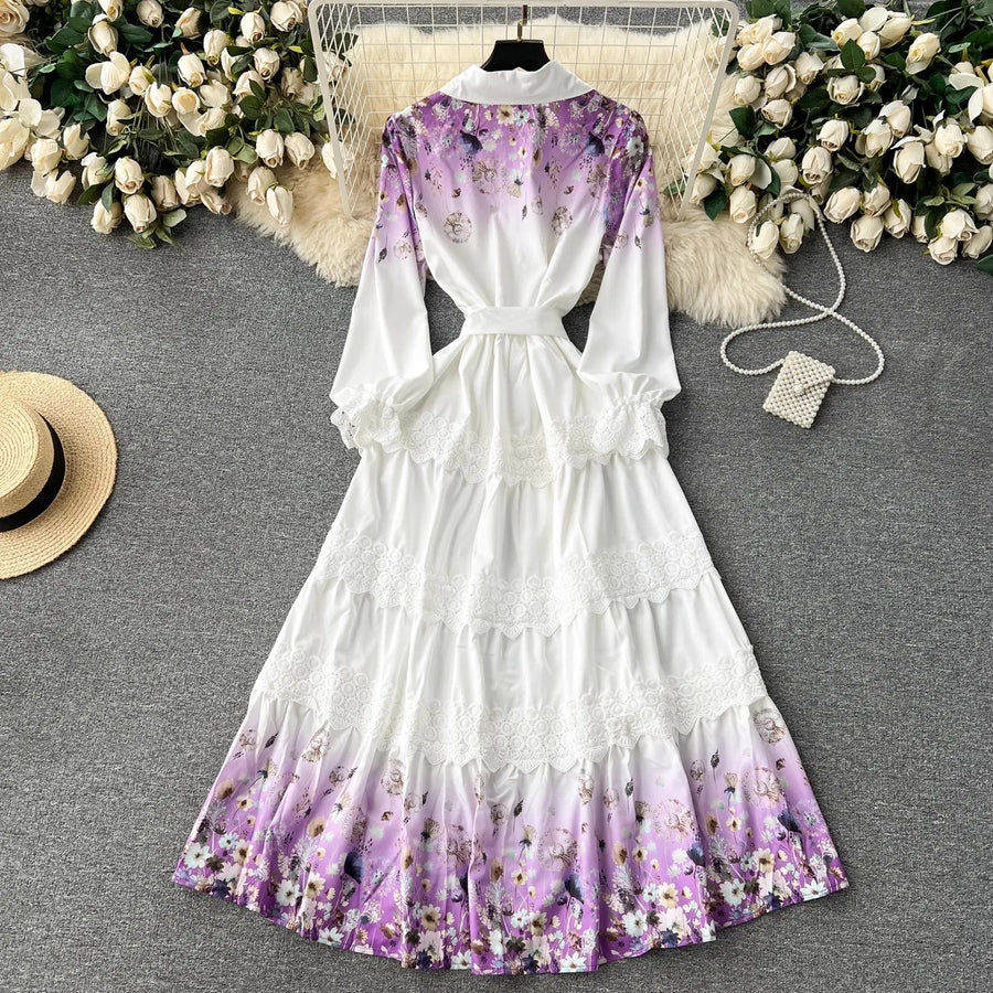 High Quality Crochet Lace Belted Flower Print Long Sleeve Bohemian Dress Lavender / XXL High Quality Crochet Lace Belted Flower Print Long Sleeve Bohemian Dress Lavender / XXL