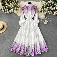 High Quality Crochet Lace Belted Flower Print Long Sleeve Bohemian Dress