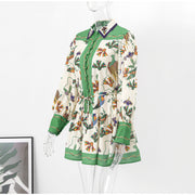 High Quality Single Breasted Long Flare Sleeve Loose Flower Print Pleated Mini Dress