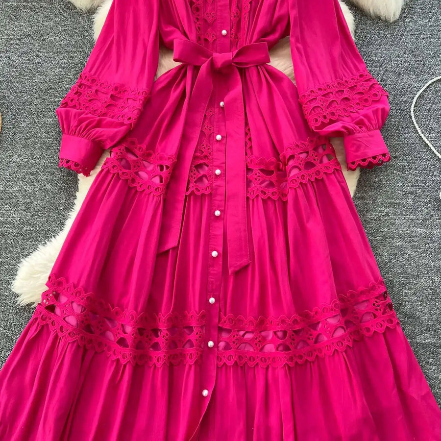 Elegant retro style slit maxi dress with pearl buttons and high-quality crochet embroidery