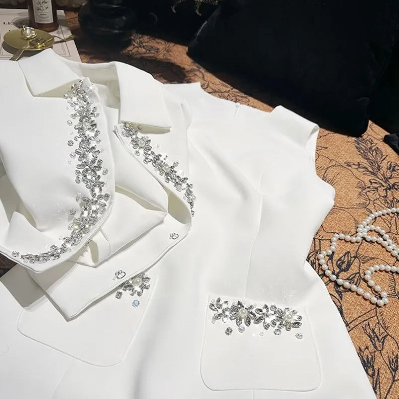 Banquet Fashion Women Luxury Diamonds Solid Color Lapel Short Jacket High Waist A Line Tank Dress Elegant Ladies Two Piece Set
