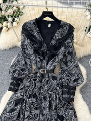 Women Long Dress Dresses Ruffles Vestidos V Neck Lantern Sleeve Elegant Splice Y2k Streetwear Hollow Out Tight Waist Work Party