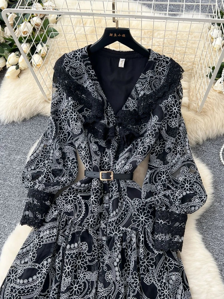 Women Long Dress Dresses Ruffles Vestidos V Neck Lantern Sleeve Elegant Splice Y2k Streetwear Hollow Out Tight Waist Work Party