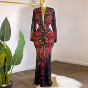 Women Full Sleeve Floral Print V-neck Elegant Long Dress Ruched Holiday Birthday Evening Sexy Party Dresses Vestidos