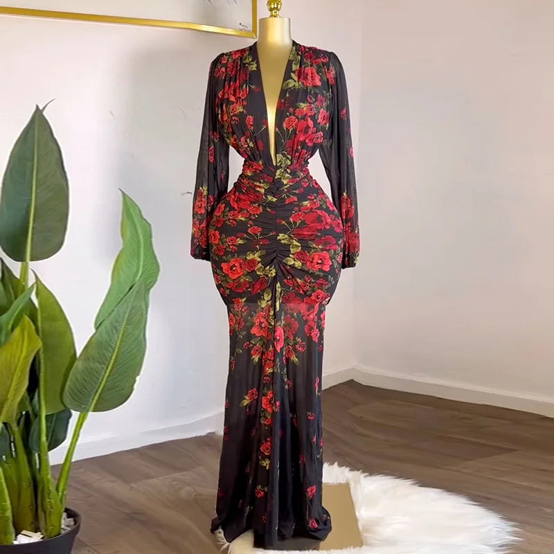 Women Full Sleeve Floral Print V-neck Elegant Long Dress Ruched Holiday Birthday Evening Sexy Party Dresses Vestidos