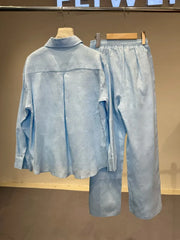 Spring Summer Women Embroidered Linen Sets Loose Fit Long Sleeve Shirt Outfits Elastic Waist Wide Leg Floor Pants Two Piece Set