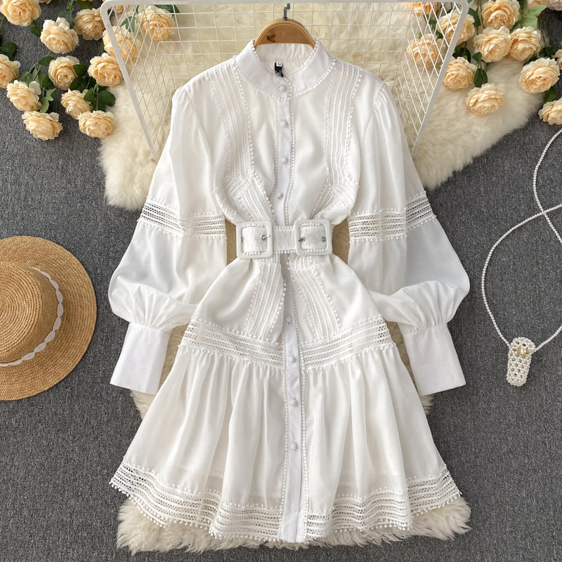 High Quality Stand Collar Puff Long Sleeve Button A Line Short Dress