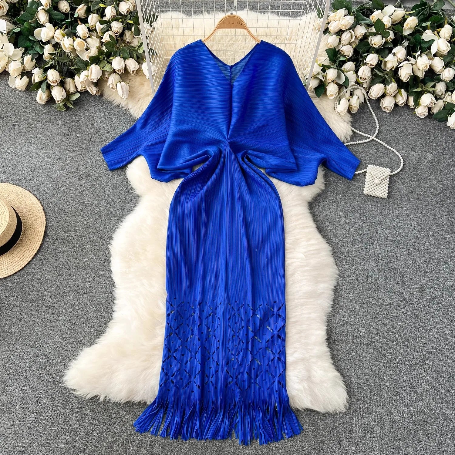 High quality pleated batwing sleeve v neck high stretch loose dresses