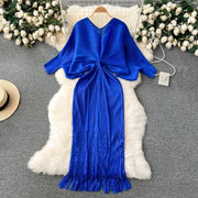 High quality pleated batwing sleeve v neck high stretch loose dresses