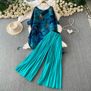 Loose Fit Miyake Style Pleated Matching Suit Women Oversized Bat Sleeve Drawstring Print Tunic + Pleated Wide Leg Pants Set