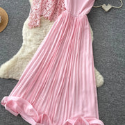 Lace Ruffle Camis Midi Dress Two Pieces Sets V Neck Top  Vintage   Tulle Pleated  Skirt   High Waist A-line Skirt Fall Sets