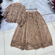 Summer Embroidery Maxi Dress Two Piece Set Women Blue Hollow Lace Long Sleeve Blouse Shirts 3pcs Sets Elastic Waist Skirts Suits