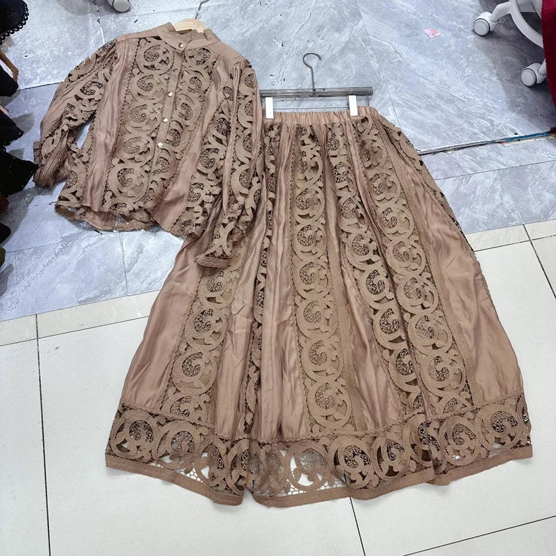 Summer Embroidery Maxi Dress Two Piece Set Women Blue Hollow Lace Long Sleeve Blouse Shirts 3pcs Sets Elastic Waist Skirts Suits