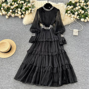 Elegant luxury French style dress, with smooth diamonds, flared sleeves and narrow waist, mid-length high quality