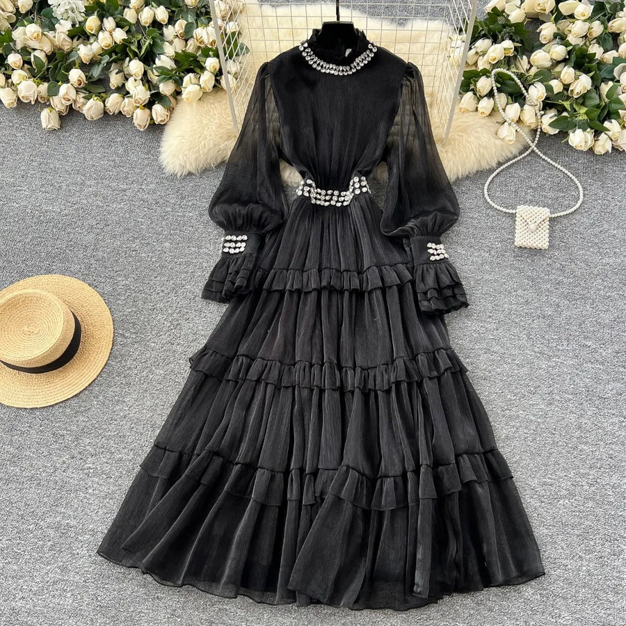 Elegant luxury French style dress, with smooth diamonds, flared sleeves and narrow waist, mid-length high quality