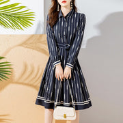 High Quality Turtleneck Pleated Navy Blue Knee Length Elegant Dress