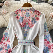 High Quality Belted High Neck Lantern Sleeves Long Floral Dress