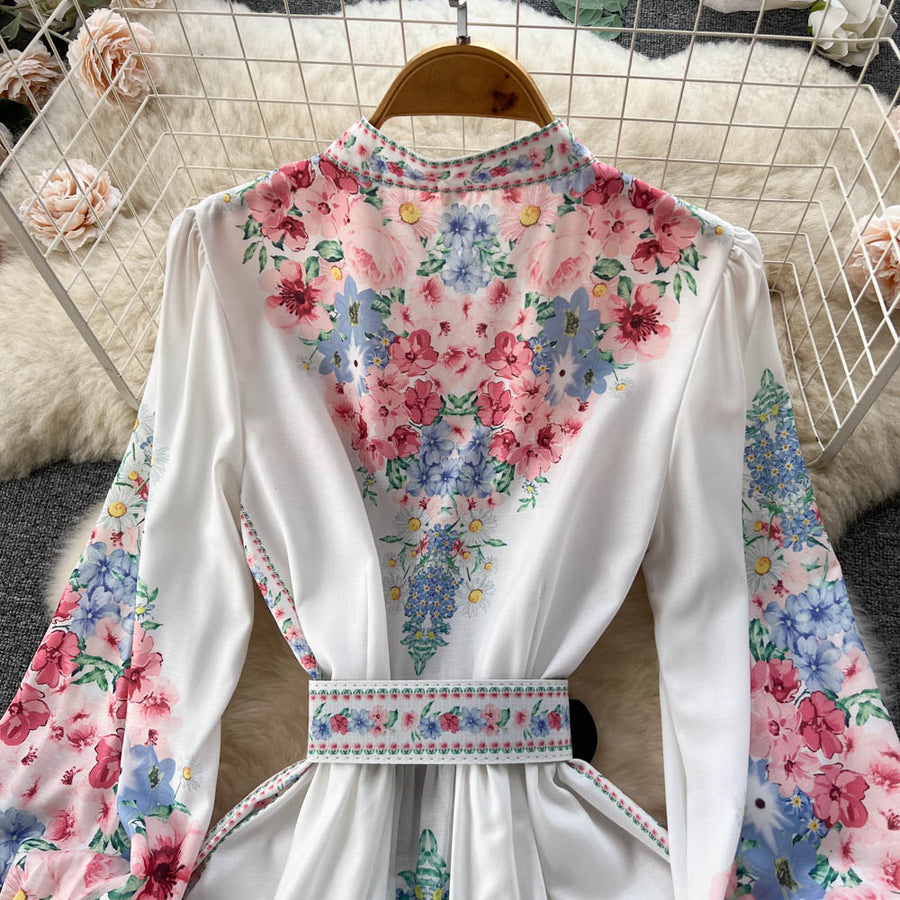 High Quality Belted High Neck Lantern Sleeves Long Floral Dress