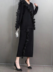 Black Elegant Casual Set Loose Knitted Sweater+Long Skirt High Quality