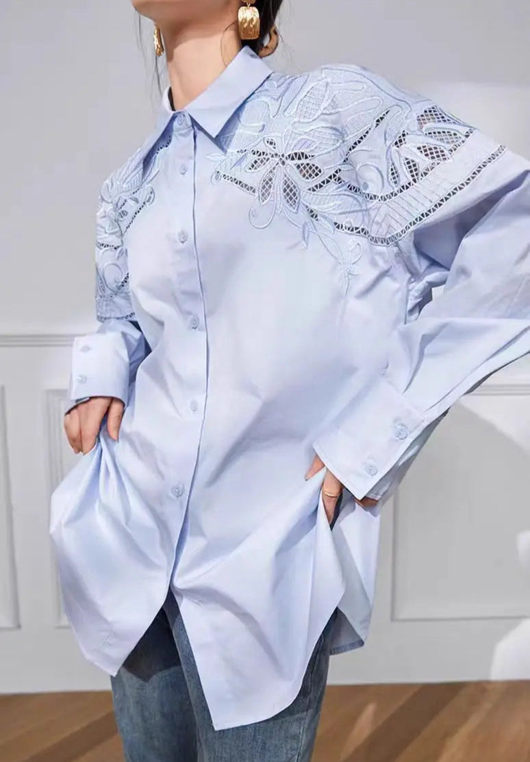High quality mid-length flower openwork embroidery cotton shirt