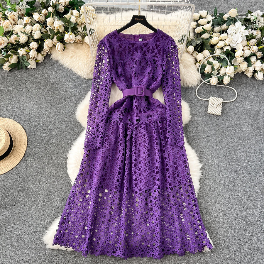 High Quality Slim Belt Long Sleeve Round Neck Lace Long Dress