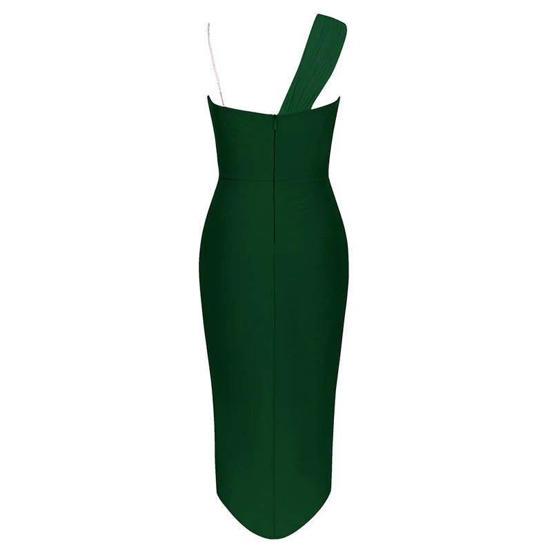 Sexy Midi Dress Strap One Shoulder Draped Fold Sleeveless Bandage Bodycon High Quality