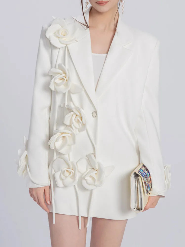 High Quality Solid Color Long Sleeve Three D Flower Spliced Blazers