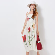 High Quality Spaghetti Strap Floral Print Cotton Linen Long Embroidered Flower Butterfly Dress