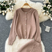 High quality long sleeve cardigan + long elastic pants knitted sets