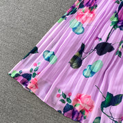 High Quality Floral Print Maxi Long Sleeve Pleated Dress