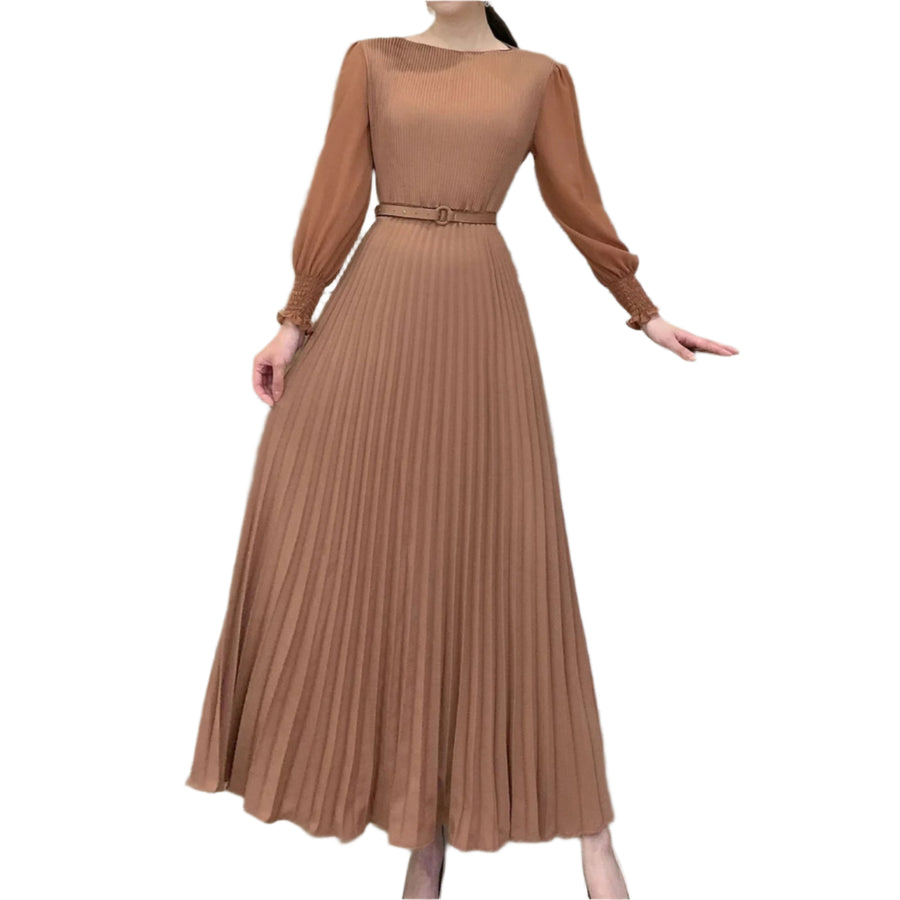 High Quality Bow Front Vintage Belted Bodycon Pleated Long Dress