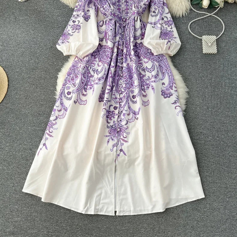 Elegant floral print dress with bubble sleeves wrapped waist high quality