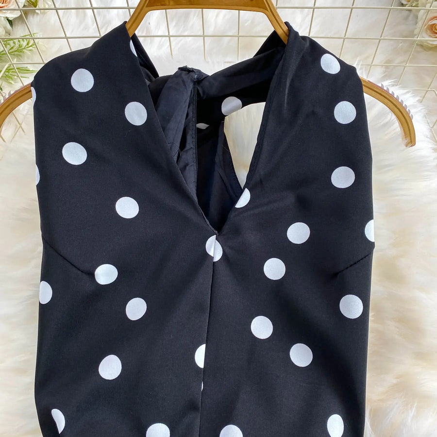 Fashion Sexy Halter Dress Women Summer Belt Waist Slim Fit Polka Dot A Line Party Daily Office Street Wear Chic Woman Dress