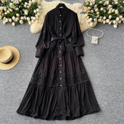 Elegant Long Lantern Sleeve Loose A Line Dress with Lace Patchwork and Pearl Buttons Belt High Quality