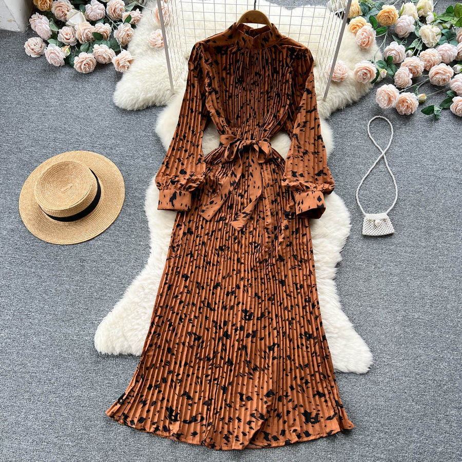 High quality vintage high neck pleated belt lantern long sleeve elegant dress