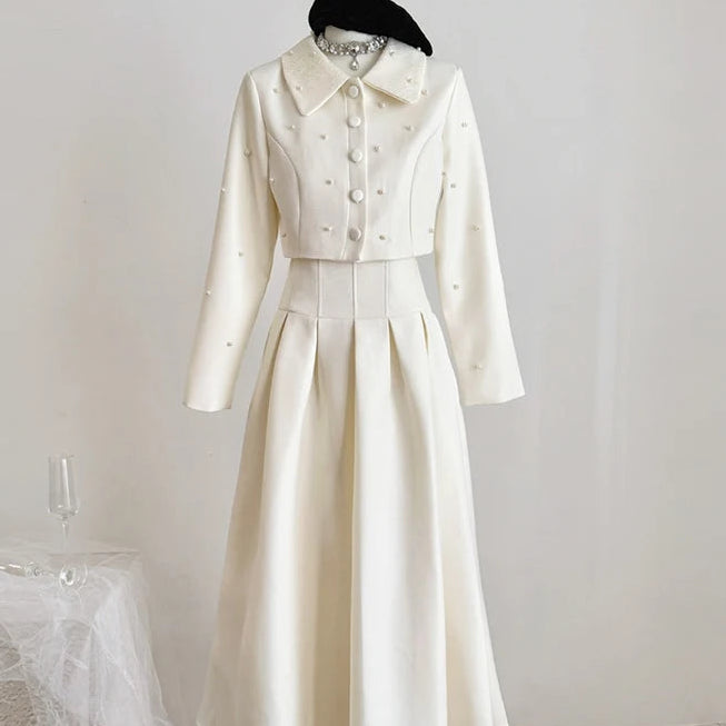 Two-piece set Elegant short jacket and long skirt suit with luxury pearl beads for women, high quality