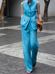 Summer Womens Sleeveless Linen Sets Stand Collar Fashion Office Lady Two Piece Vest Set Thin Full Length Wide Leg Pant Outfits