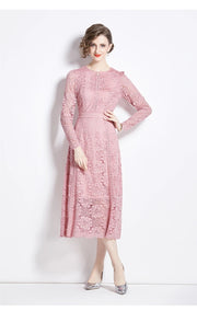 High Quality Pink and Yellow Lace Long Sleeve A-line Elegant Dress