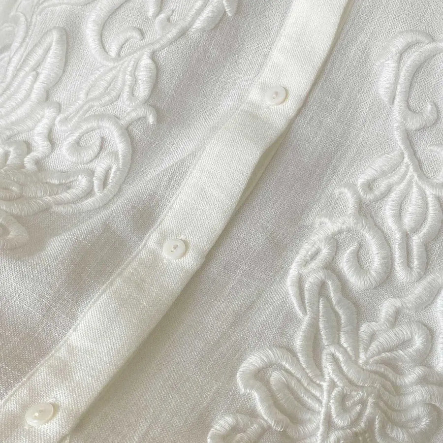 New Style Shirt Women's French Style Niche Design Embroidered Jacquard Retro Versatile White Long Sleeved Shirt