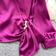 Basic long sleeve V-neck blouse, vintage asymmetrical style, beaded embroidered, high-quality pleated