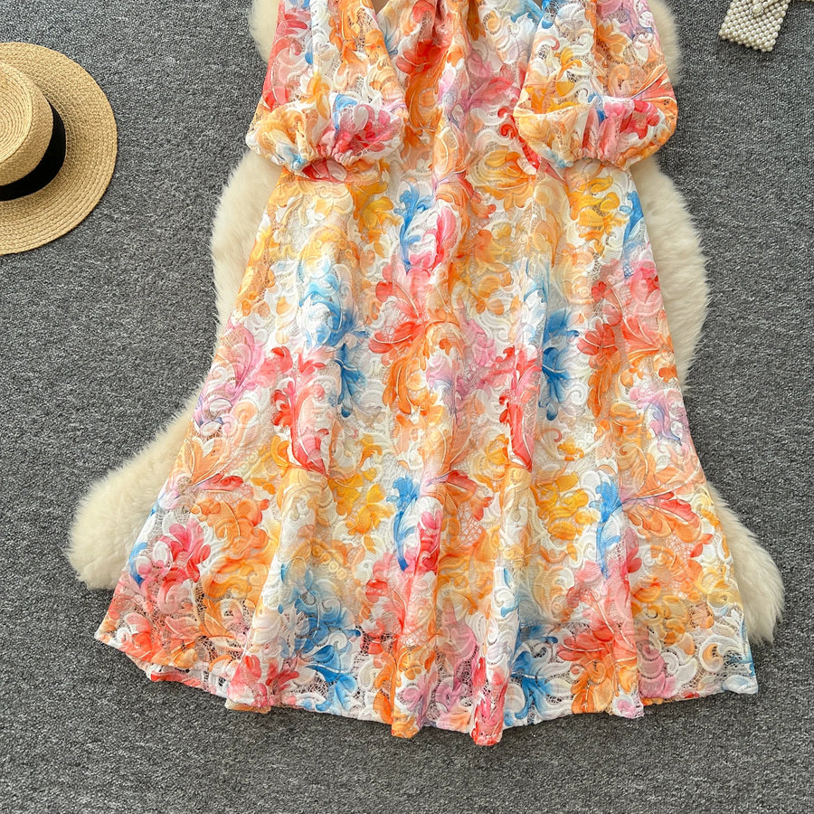 Crochet Lace Embroidery Hollow Out Floral Print Maxi Dress Autumn Women Long Lantern Sleeve Pearl Buttons Up Belt Prom Clothing