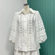 Lantern-sleeved long-sleeved shirt + elastic waist lace splicing hollow-out skirt skirt suit